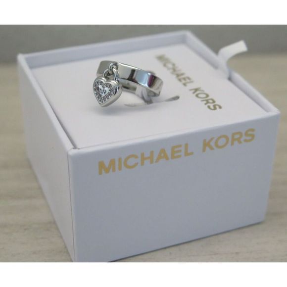 Michael Kors MKJX78890406 Sz 6 Silver-Tone "MK" Dangle Heart & Pave Stone Ring - Picture 14 of 14